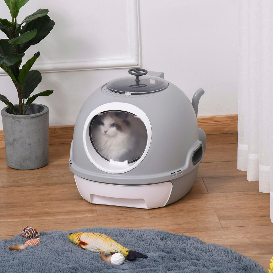image 1 of PawHut Futuristic Capsule-Shaped Cat Litter Box w/ 2 Doors Scoop Drawer Grey