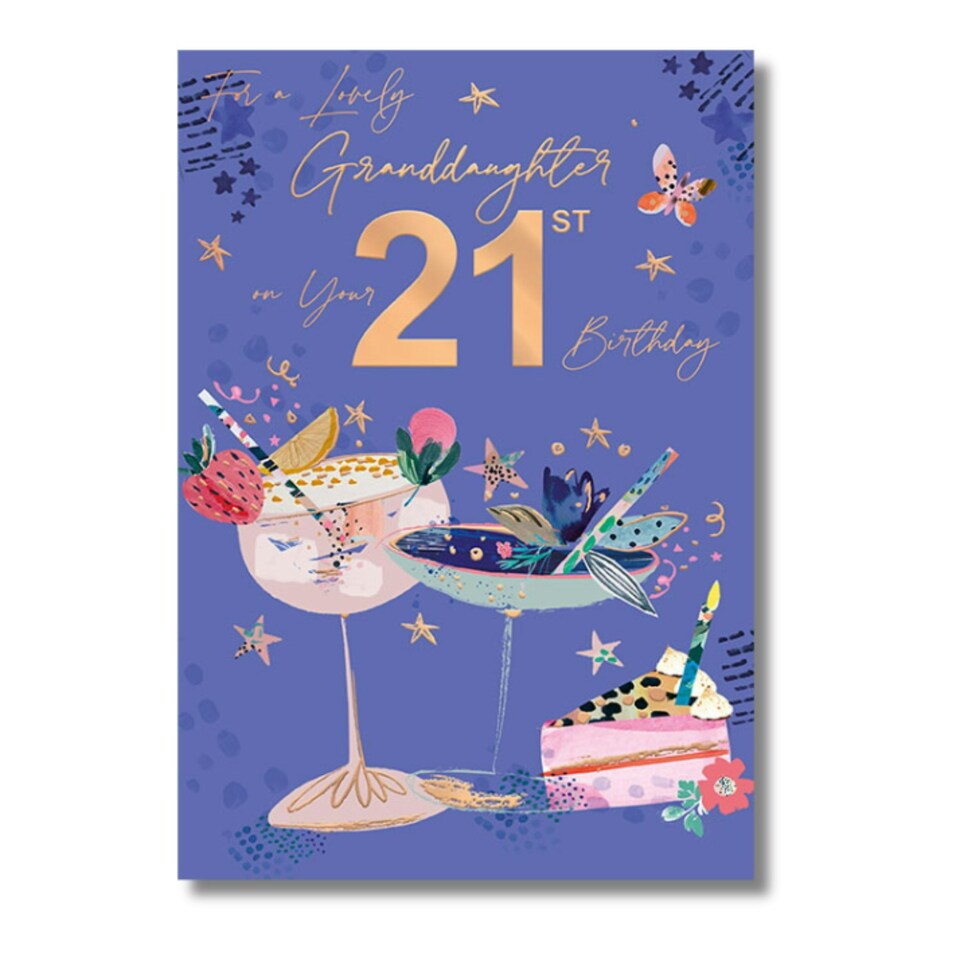 Words 'n' Wishes Granddaughter 21st Birthday Card, Purple and Gold Design, Cocktail Theme