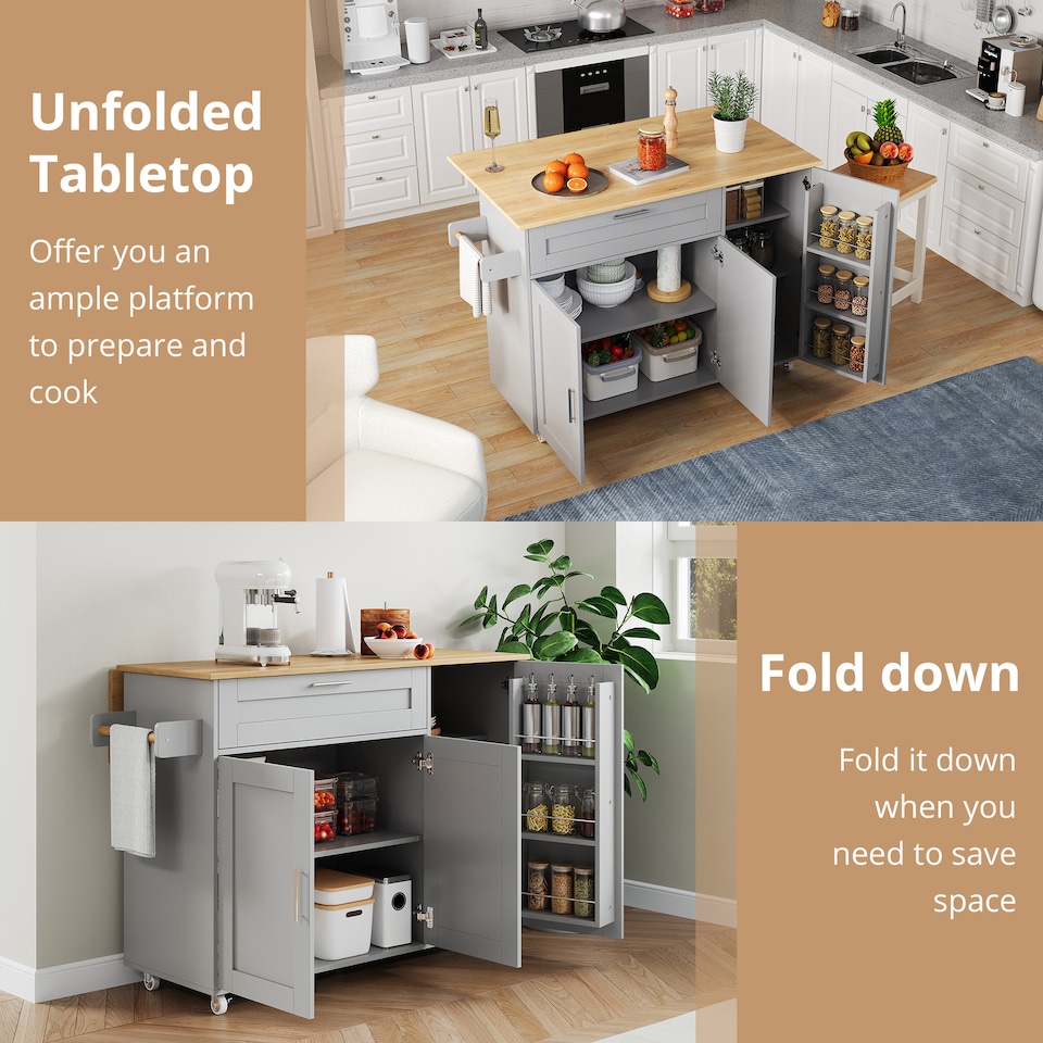 image 1 of VILUXE Mobile Kitchen Island with Foldable Worktop, Drawer, Adjustable Cabinets, 3 Door Spice Racks, Towel Rail and 5 Wheels, Grey