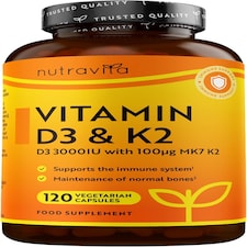 Nutravita Vitamin D3 3000iu & K2 100ug (MK7) - Supports Normal Bones, Muscles, Teeth and Immune System - 120 Vitamin D3 K2 Vegetarian Capsules