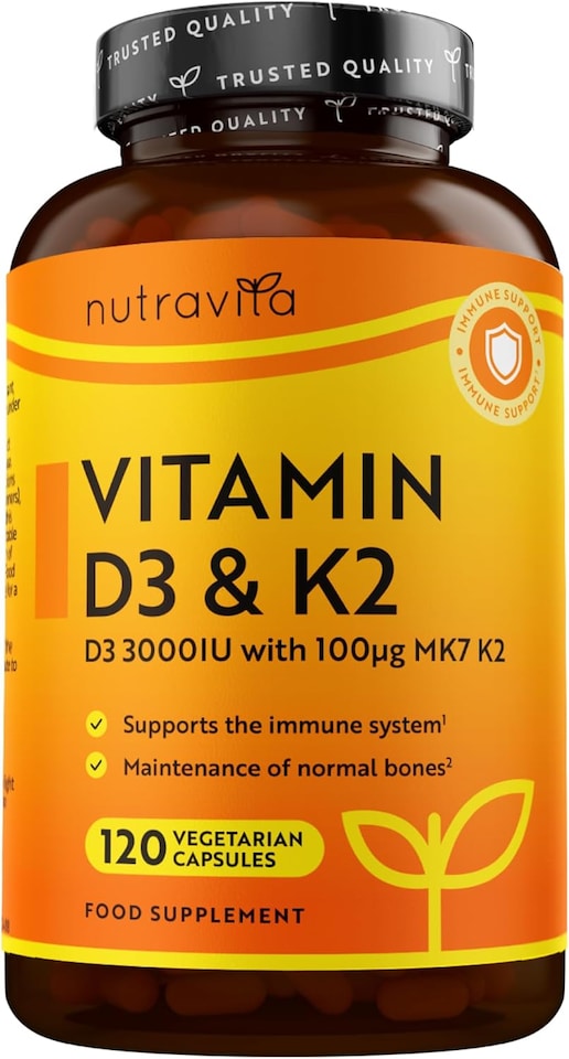 image 1 of Nutravita Vitamin D3 3000iu & K2 100ug (MK7) - Supports Normal Bones, Muscles, Teeth and Immune System - 120 Vitamin D3 K2 Vegetarian Capsules
