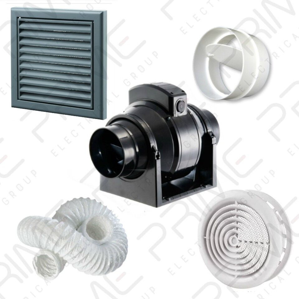 Manrose MF100T In-Line Timer Fan 100mm/4", 6m Flex Duct, White Internal grille, Slate Grey external grille and backdraught shutter