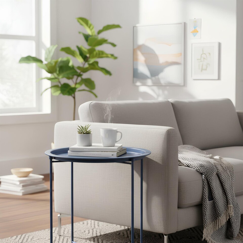 image 1 of Harbour Housewares Round Steel Tray Table - Matt Navy | Blue | Matt Navy