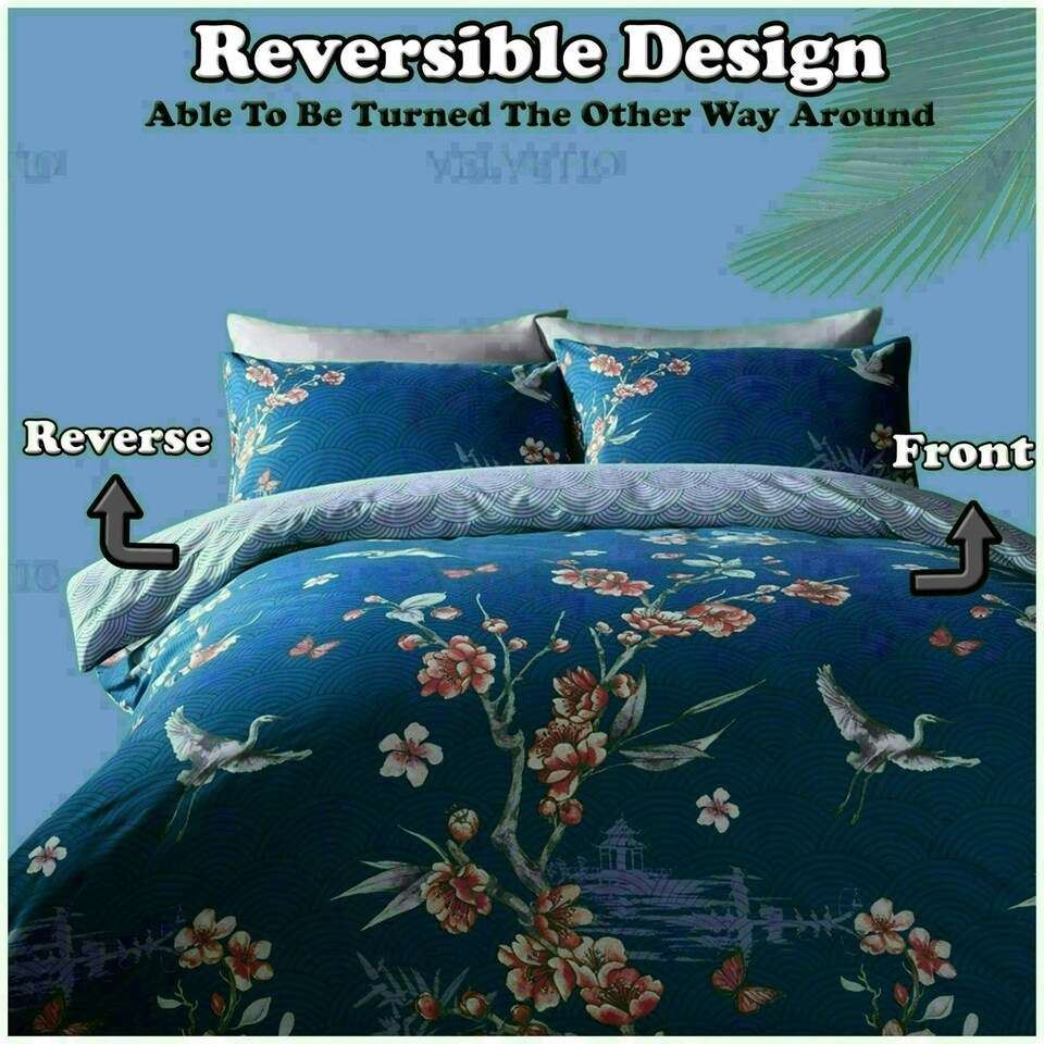 image 1 of Akari Floral Printed Duvet Cover Set Reversible Polycotton Beddings Blue | Single