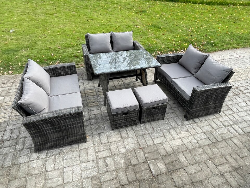 image 1 of Fimous Outdoor Lounge Sofa Set Wicker PE Rattan Garden Furniture Set with Rectangular Dining Table 2 Seat Sofa 2 Small Footstools Dark Grey Mixed