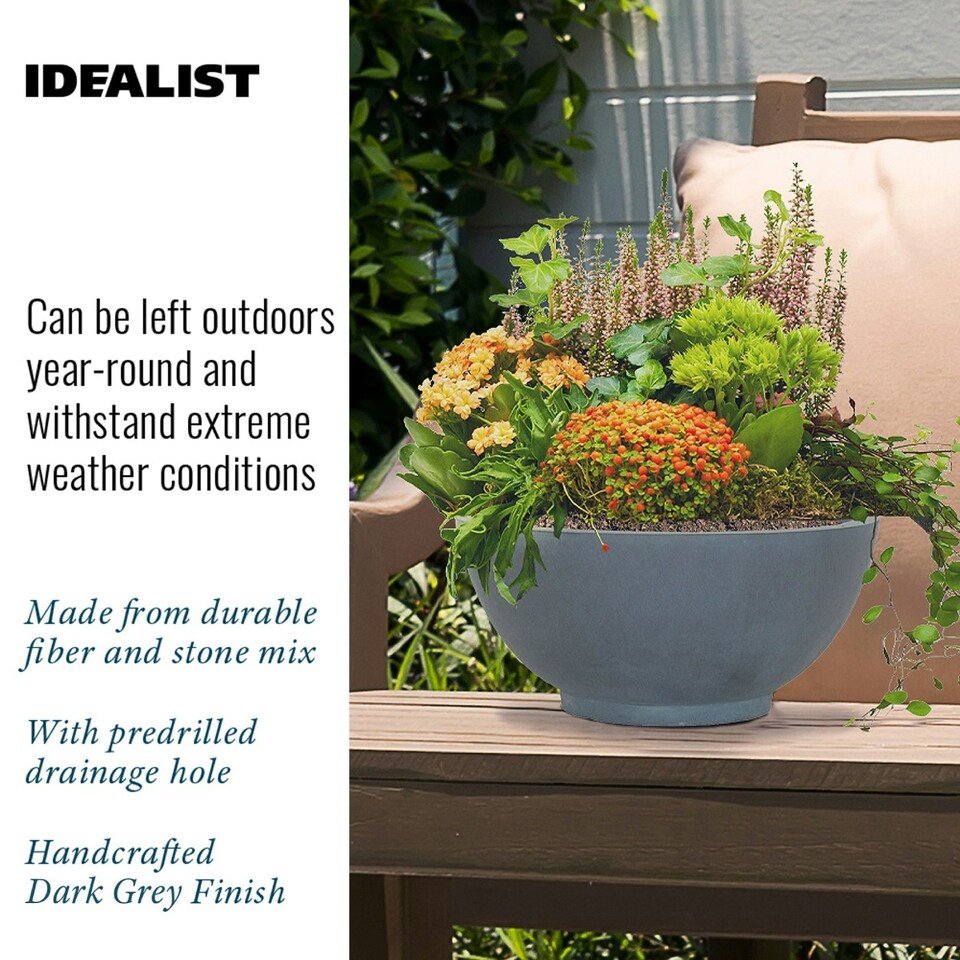 image 1 of Dark Grey Dish Style Smooth Bowl Outdoor Garden Planter D35.5 H16 cm, 15.8 ltrs Cap.