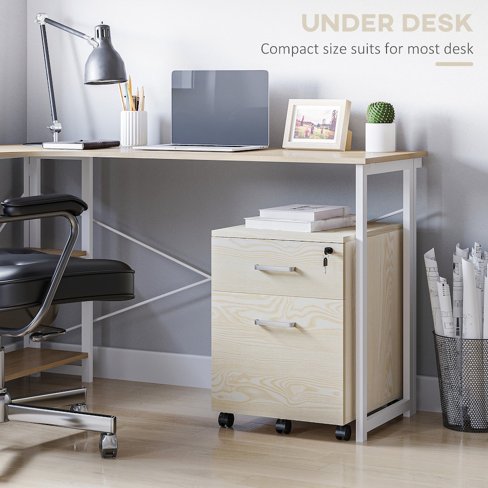 image 1 of Vinsetto 2-Drawer Locking Office Filing Cabinet w  5 Wheels Rolling Storage Hanging A4 Cupboard Home Organisation, Oak Wood Grain