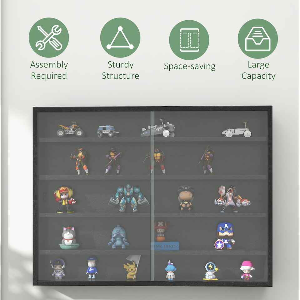 image 1 of HOMCOM 5-Tier Wall Display Shelf Unit Cabinet w  4 Adjustable Shelves Glass Doors Home Office Ornaments 60x80cm Black