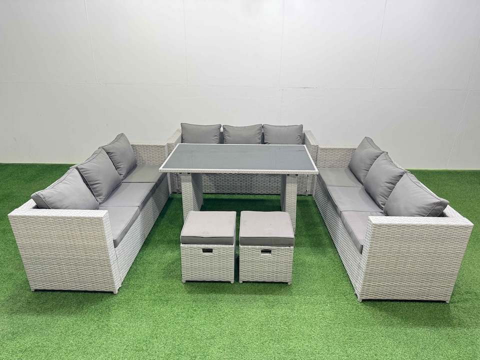 image 1 of Fimous Patio Outdoor Garden Furniture Sets with Black Glass Top Dining Table 3 Seater Sofa 2 Small Stool Light Grey