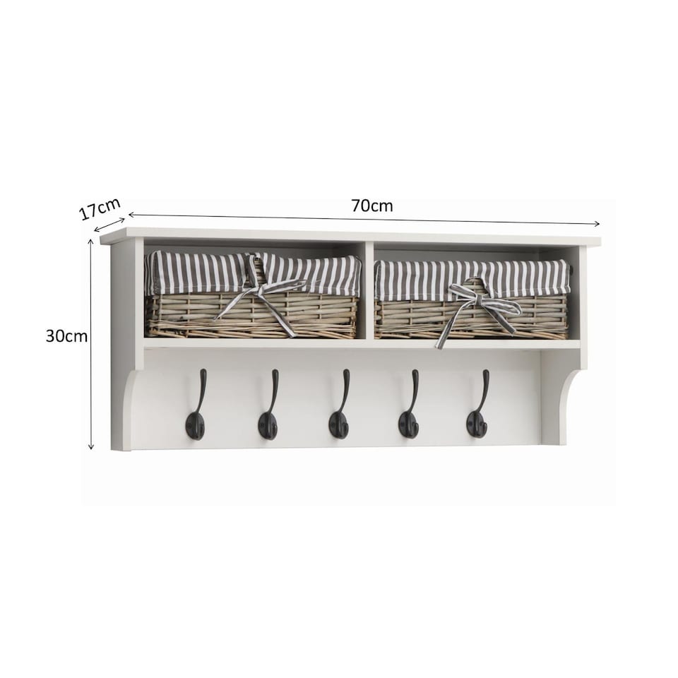 image 1 of Radcliffe Wall Mounted Coat Rack Wicker Baskets and Top Storage Shelf