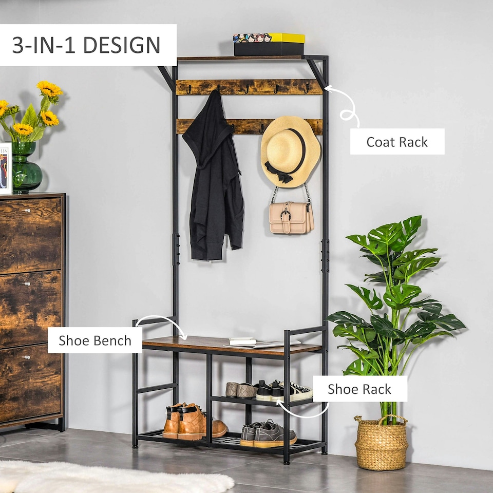 image 1 of HOMCOM Coat Rack Stand Shoe Storage Bench for Bedroom Living Room Entryway