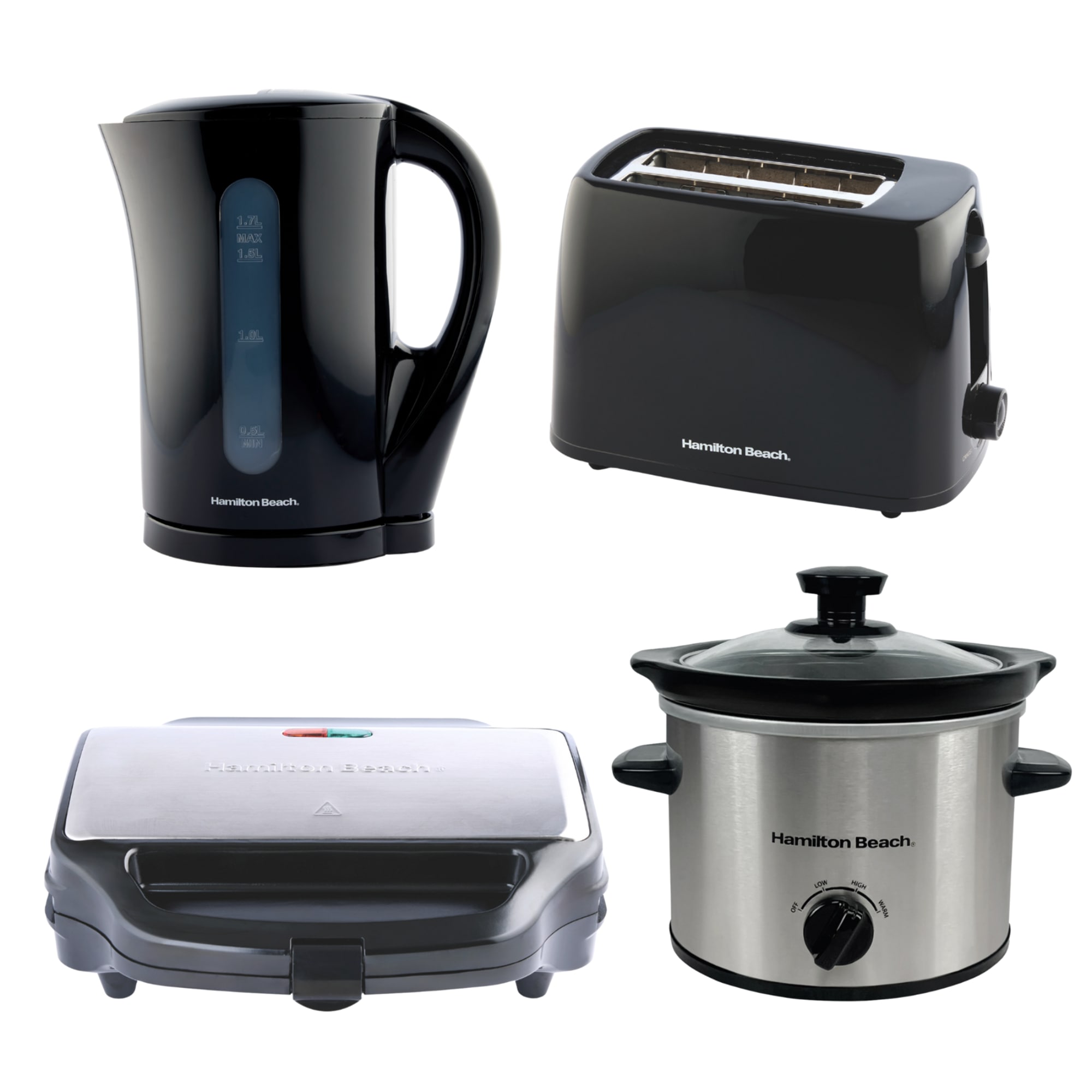 Hamilton Beach Essentials Kettle, Toaster, Sandwich Toaster & 1.8L Slow Cooker Set - Silver