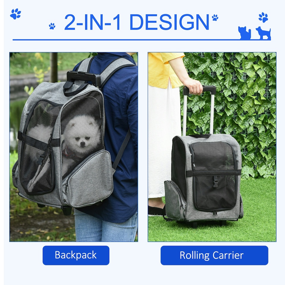 image 1 of PawHut Pet Travel Backpack Bag Cat Puppy Dog Carrier w/ Trolley and Telescopic