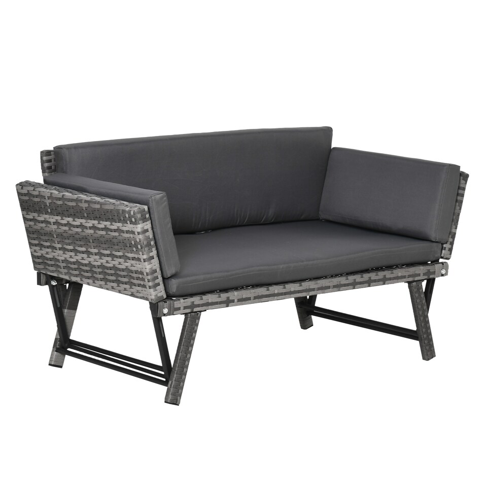 image 1 of Outsunny Rattan Garden Sofa Bed with Adjustable Armrests, 2-in-1 Convertible Couch Garden Daybed Lounger, Outdoor Folding Chaise Lounge Loveseat with Cushions for Porch, Patio, Mixed Grey | Grey | Two Seater