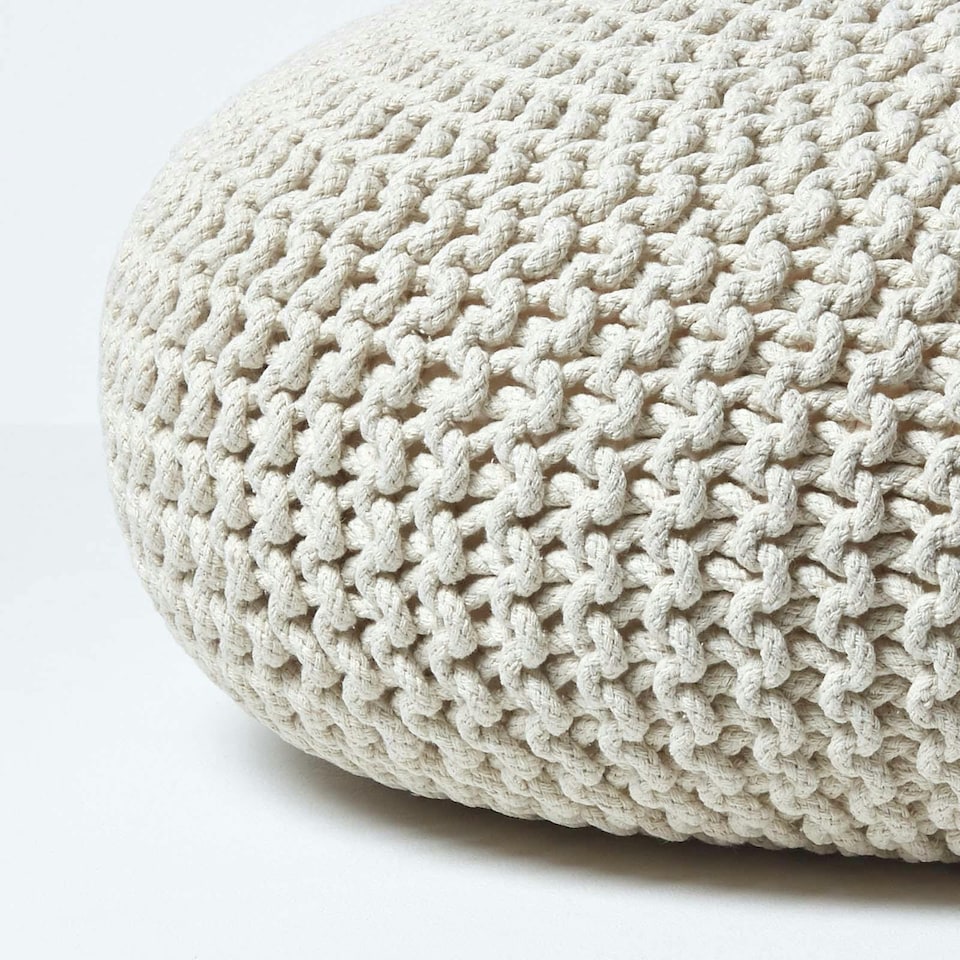 image 1 of Homescapes Natural Large Round Cotton Knitted Pouffe Footstool | Cream | 70 x 23 cm