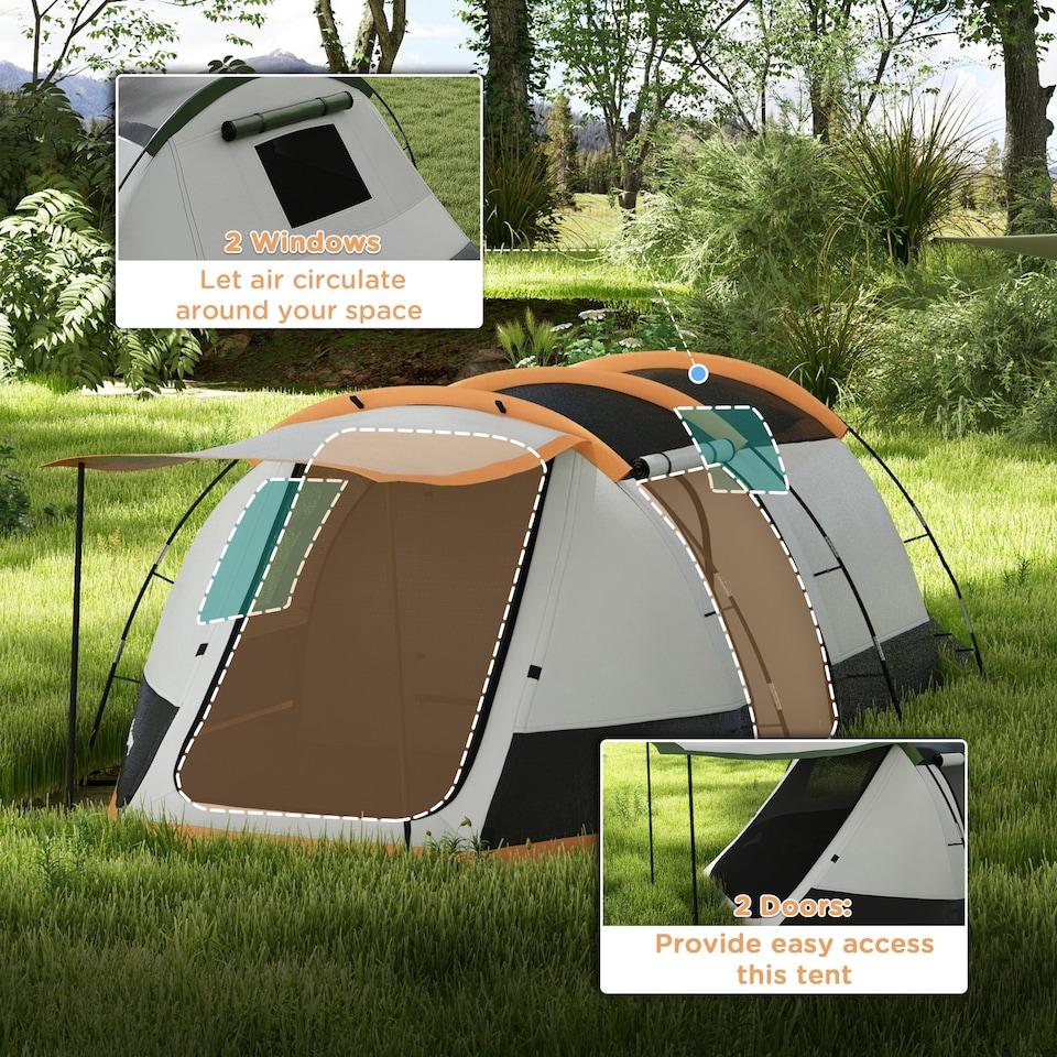 image 1 of Outsunny Tunnel Tent with Bedroom, Living Room and Porch for 3-4 Man, Green