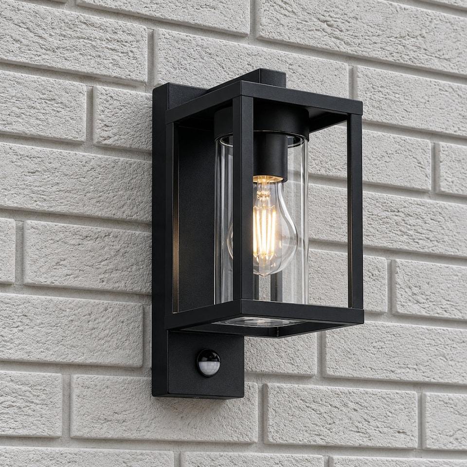 image 1 of CGC ABEL Matt Black Box Lantern Wall Light with PIR Motion Sensor
