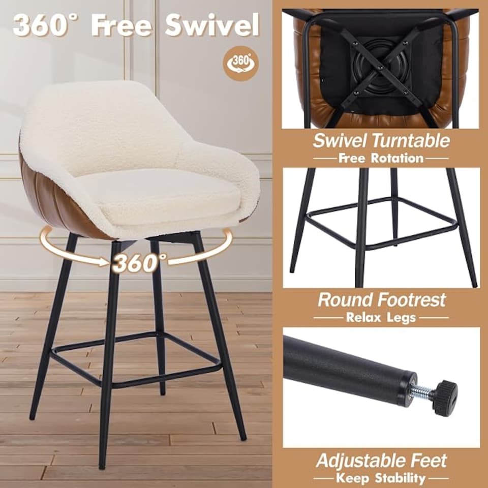 image 1 of London Boutique Set of 2 Swivel Counter Height Bar Stools, Plush Fabric Bar Chairs with Armrest and Footrest