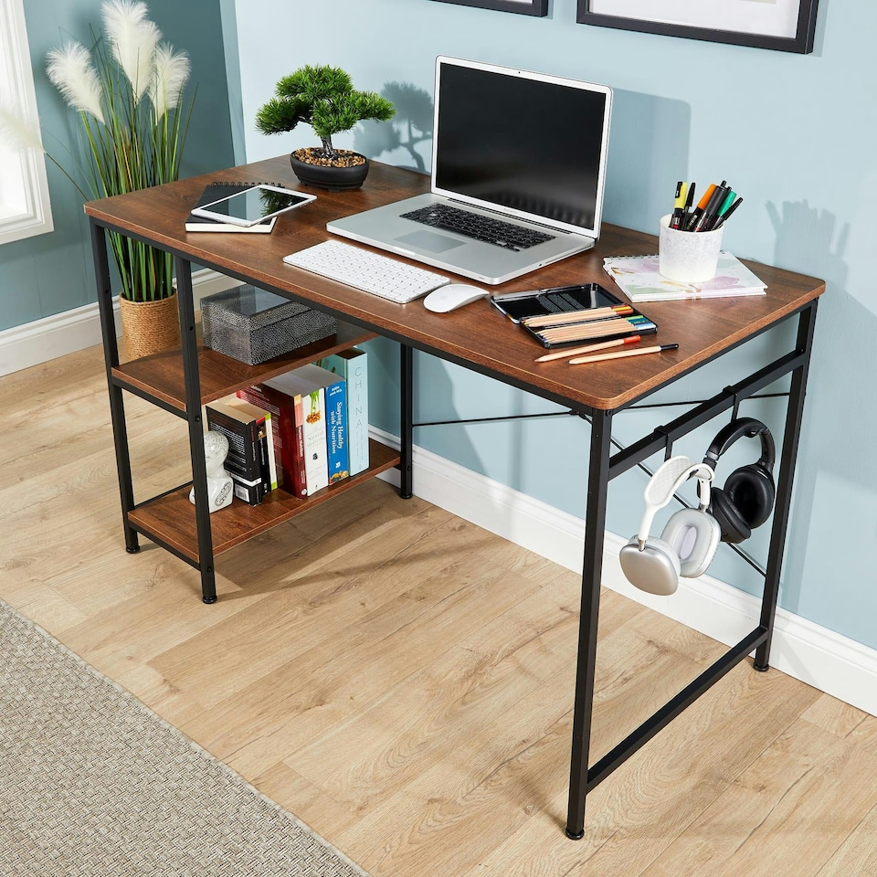 image 1 of Computer Desk Adjustable Shelves Storage Hook Office Table Workstation Brown | Light Oak