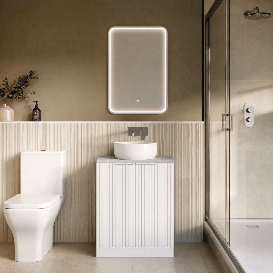 image 1 of Balterley Callingwood Contemporary Floor Standing 2 Door Vanity Unit with Bellato Grey Laminate Worktop , 600mm, Matt White