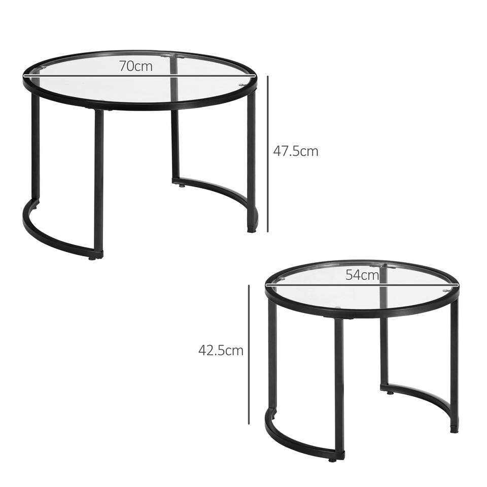 image 1 of HOMCOM Coffee Table Set of 2, Modern Nest of Tables with Tempered Glass Top, Steel Frame for Living Room, Black | Black