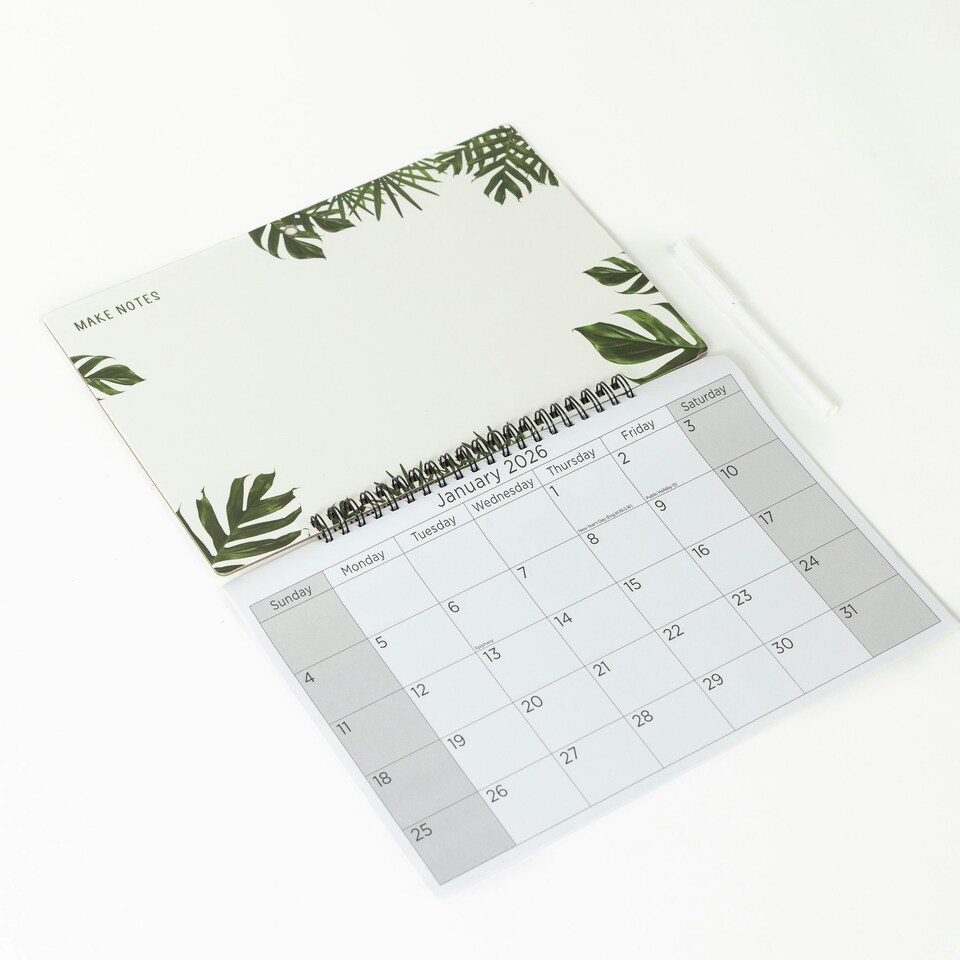 image 1 of 2026 Monthly Memo Board Calendar & Pen Leaf Design