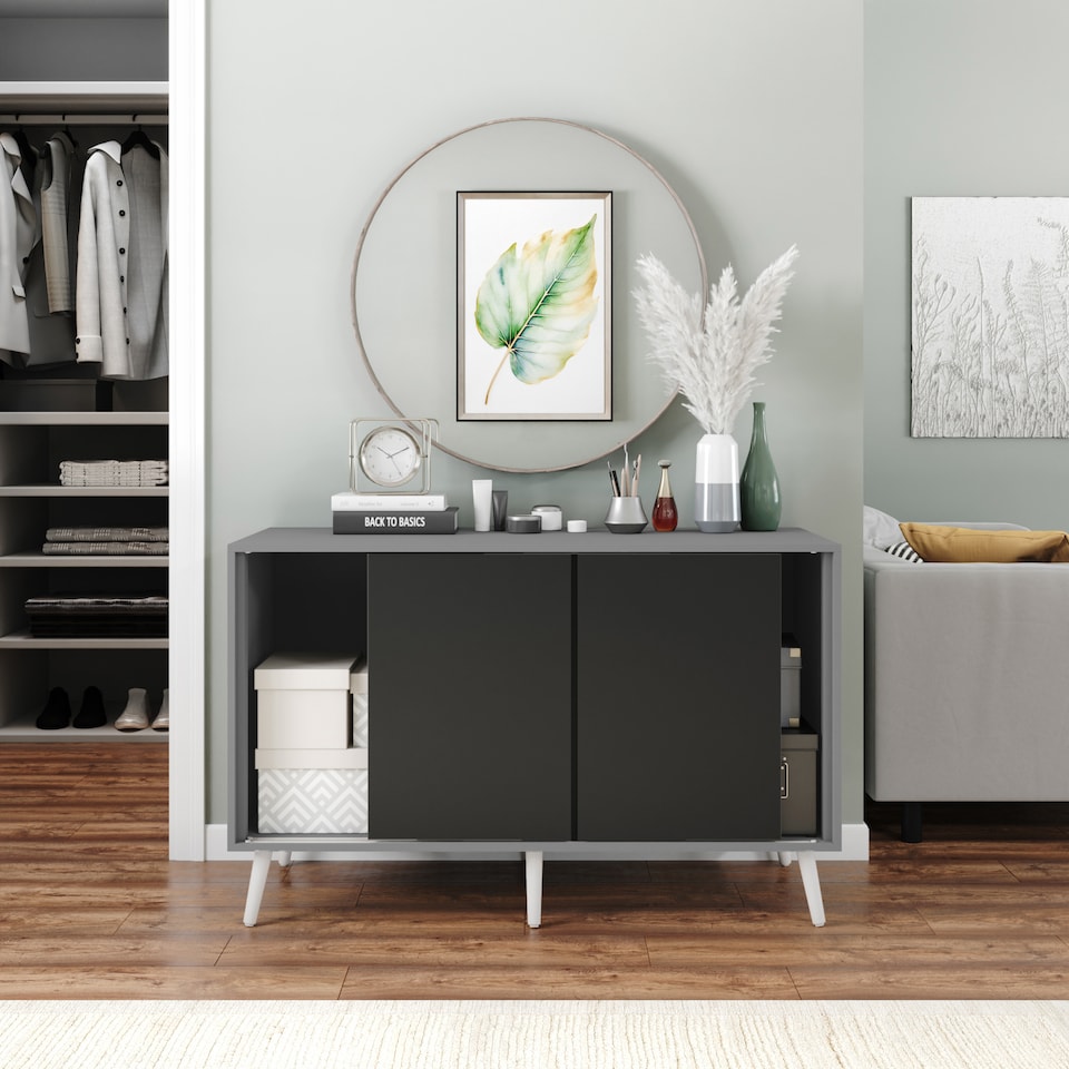 image 1 of URBNLIVING Grey Carcass 3 Door Sliding Storage Cabinet | Multi | Black Doors & White Legs | 1