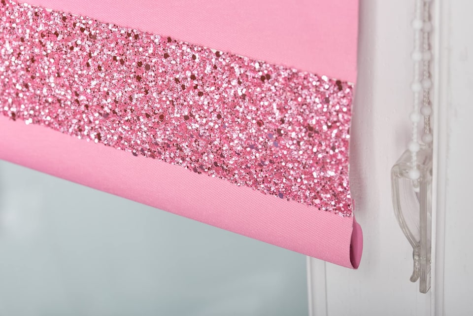 image 1 of FURNISHED Blackout Roller Blind with Pink Glitter Trim and Pink Bow Trimmable Window Shade | Pink | Pink | (W) 150cm x (L) 210cm