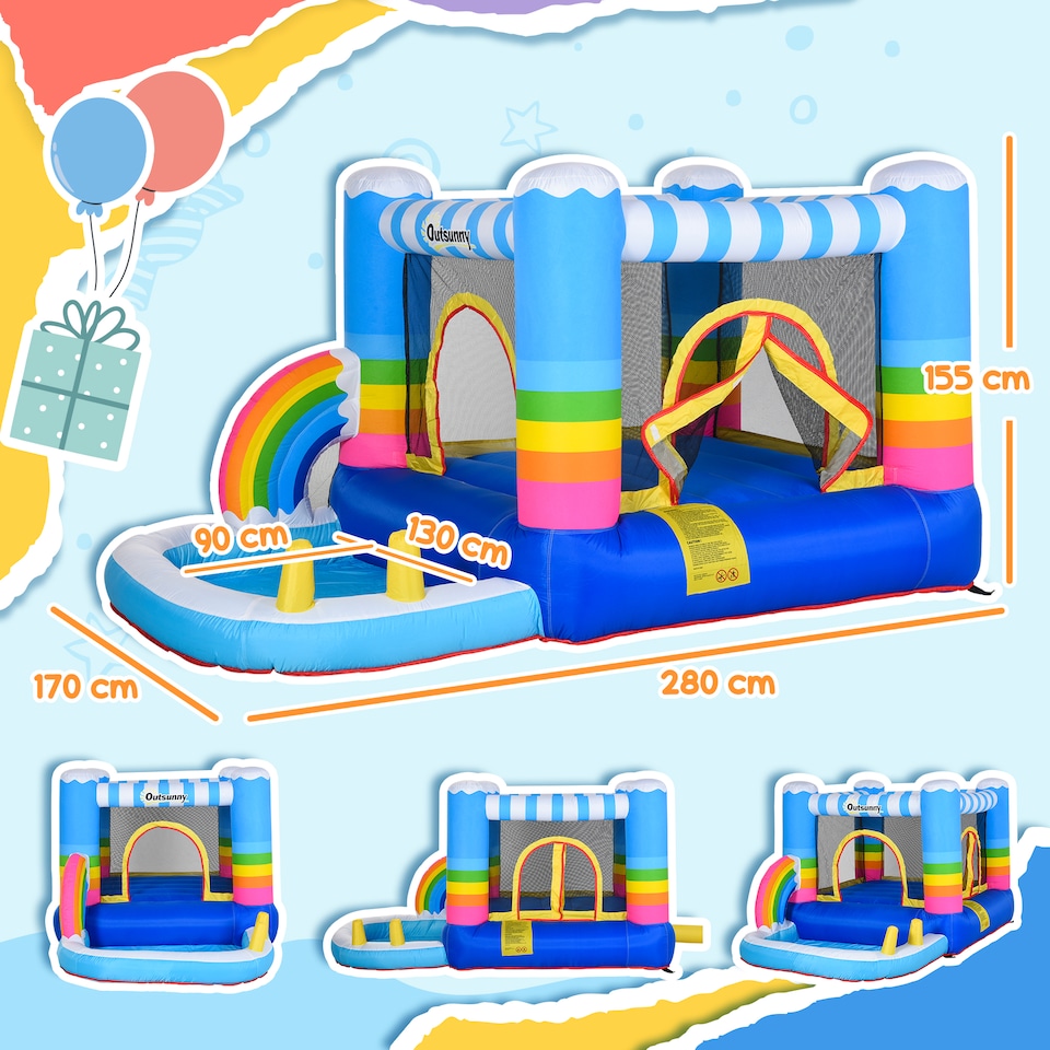 image 1 of Outsunny Kids Bouncy Castle with Pool Outdoor Trampoline W/ Net Blower 3-8 Yrs | Multi | Multi