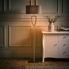 ValueLights Katniss Large Silver Chrome Metal Floor Lamp with a Grey Fabric Oval Lampshade - Bulb Included