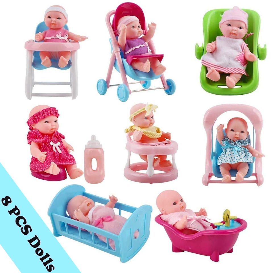 image 1 of Set of 8 Mini 5" Baby Dolls with Accessories – Miniature Role Play Doll Collection for Kids