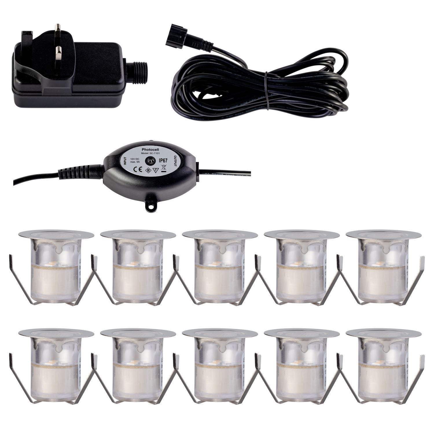 First Choice Lighting Set of 10 - 30mm IP67 Cool White LED Decking Kit with Photocell in Silver