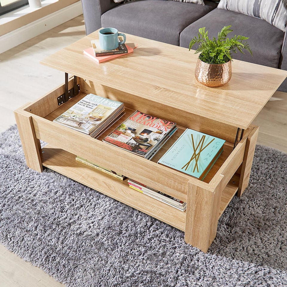 image 1 of Wooden Coffee Table With Lift Up Top Storage Area and Magazine Shelf | Brown