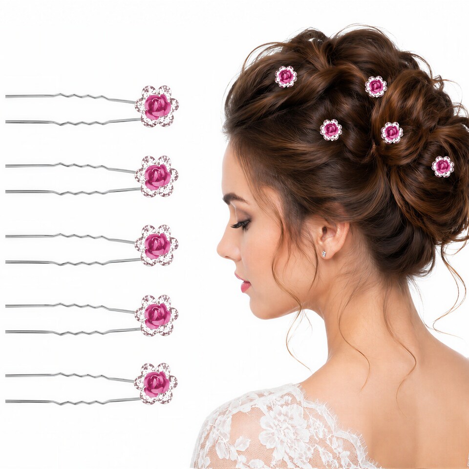 image 1 of Crystal Rose Flower Hair Pins, Clips with Rhinestone Flowers - 1pc