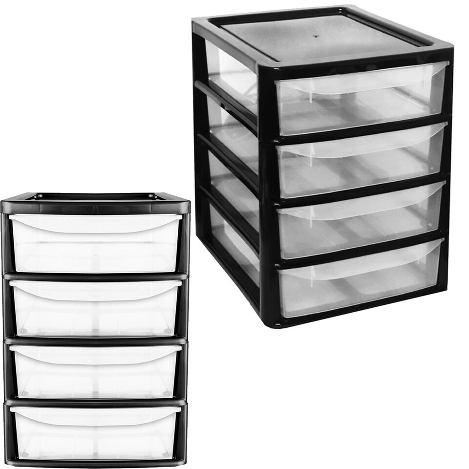image 1 of Black A4 Desktop Bedside 4 Pull Out Storage Tower Units With Clear Drawers For Home Office Black