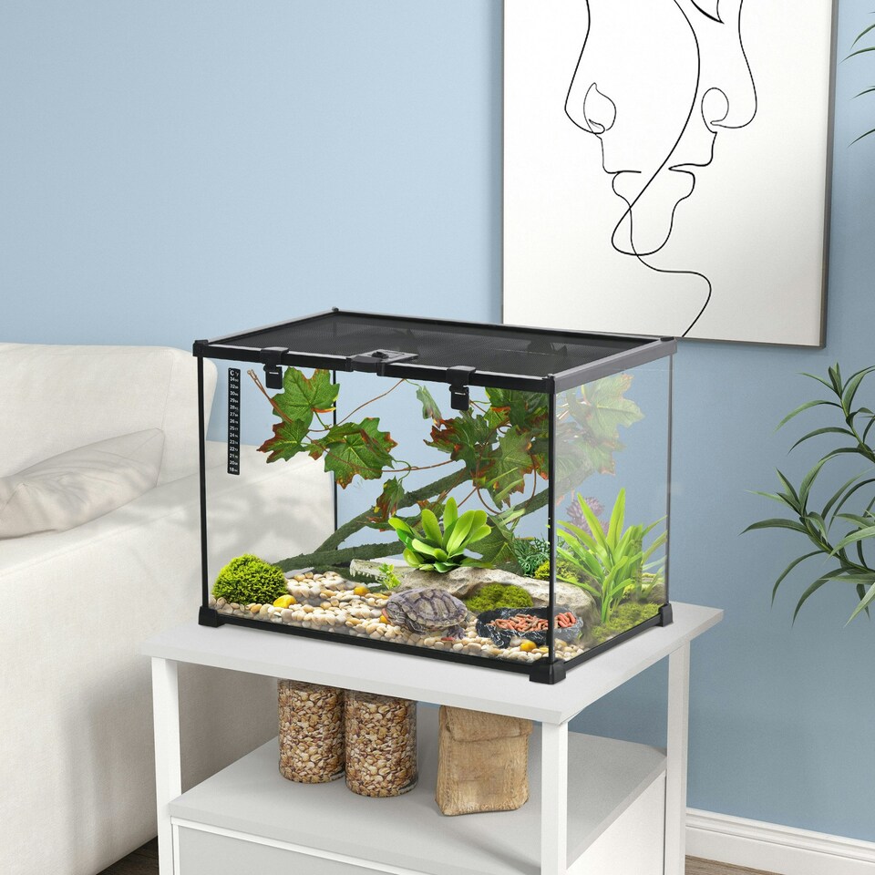 image 1 of PawHut Glass Reptile Terrarium with Thermometer, Decor Kit, Heated - Black