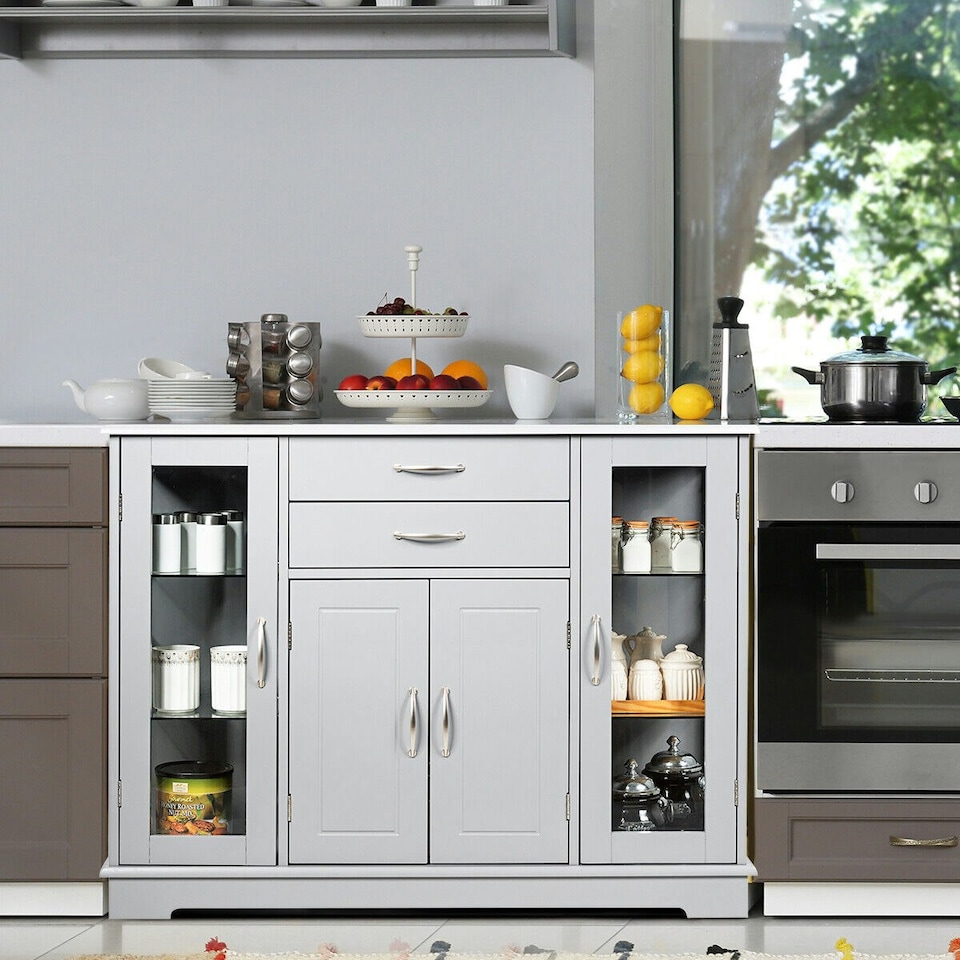 image 1 of COSTWAY Kitchen Buffet Sideboard Storage Cupboard Grey Grey