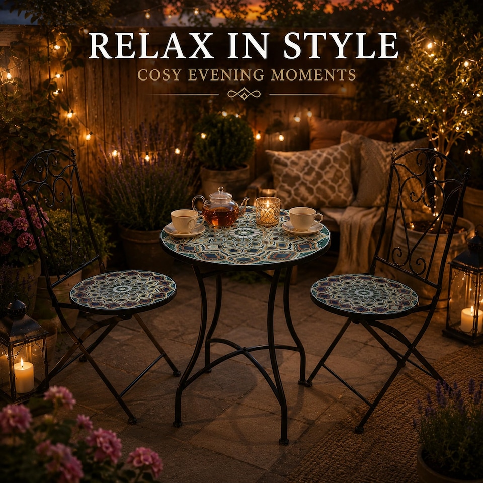 image 1 of Mosaic Bistro Set with Round Table and Two Folding Chairs for Garden Patio Balcony and Outdoor Dining