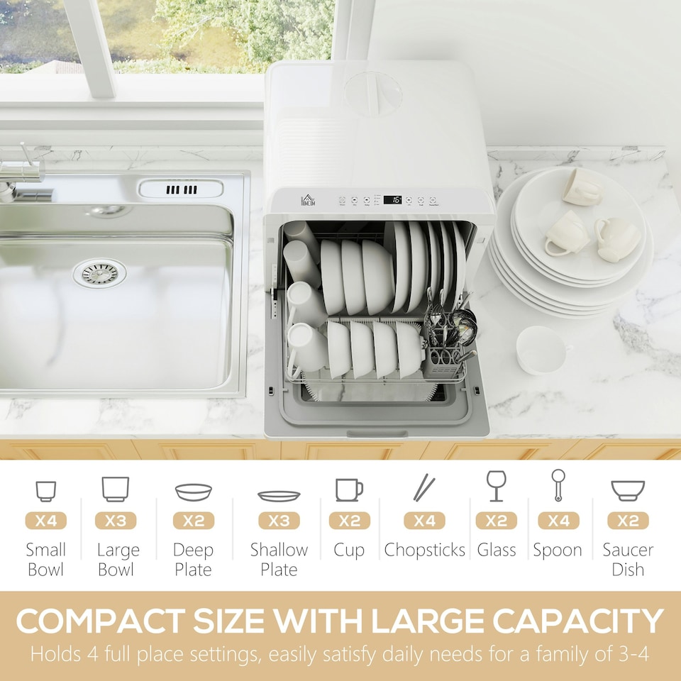 image 1 of HOMCOM Worktop Dishwasher w/ 4 Place Settings 6 Programs, White