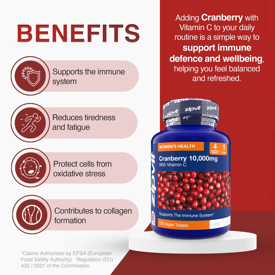 image 1 of Zipvit Cranberry 10,000mg with Vitamin C, Daily Immune Support, 120 Vegan Tablets, 4-Month Supply