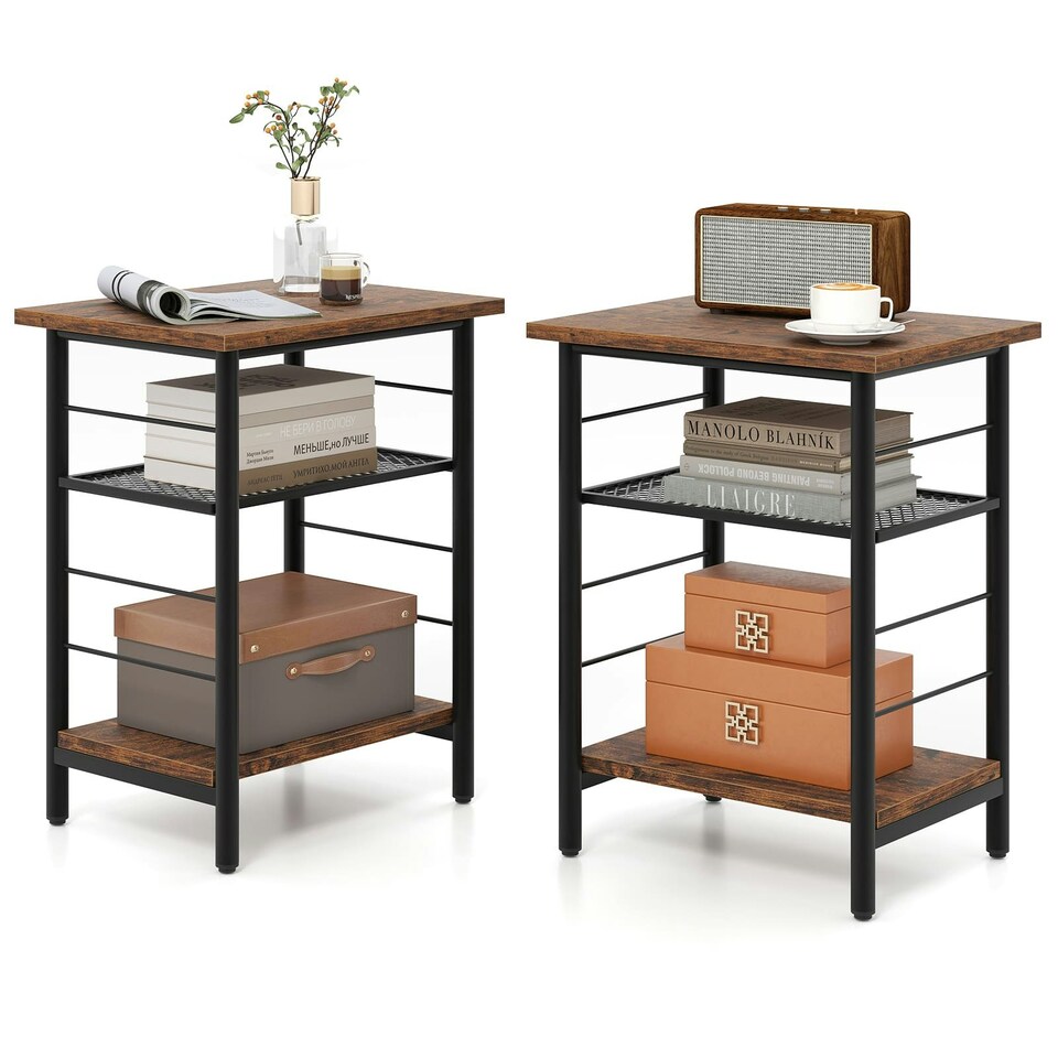image 1 of COSTWAY 2PCS End Table Height Adjustable 3-Tier Side Table Brown