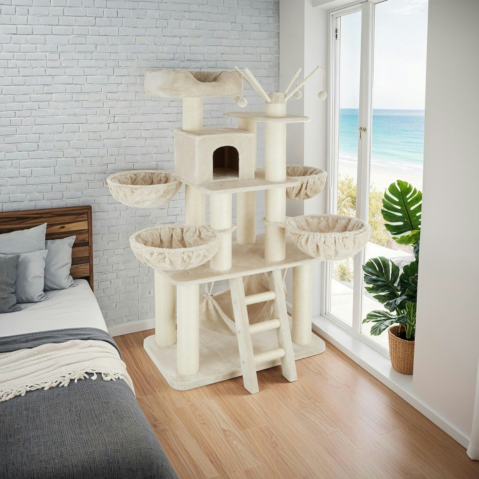 image 1 of Cat Tree Gismo - 195 cm tall, sisal cat scratching posts, toy balls and anti-tip | Cream | beige/white | 1