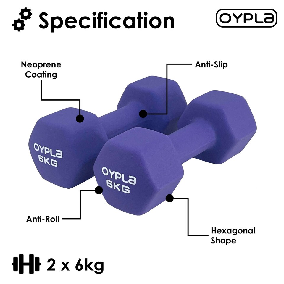 image 1 of Pair of 6kg Hex Anti Roll Neoprene Non Slip Hand Dumbbells Workout Weights