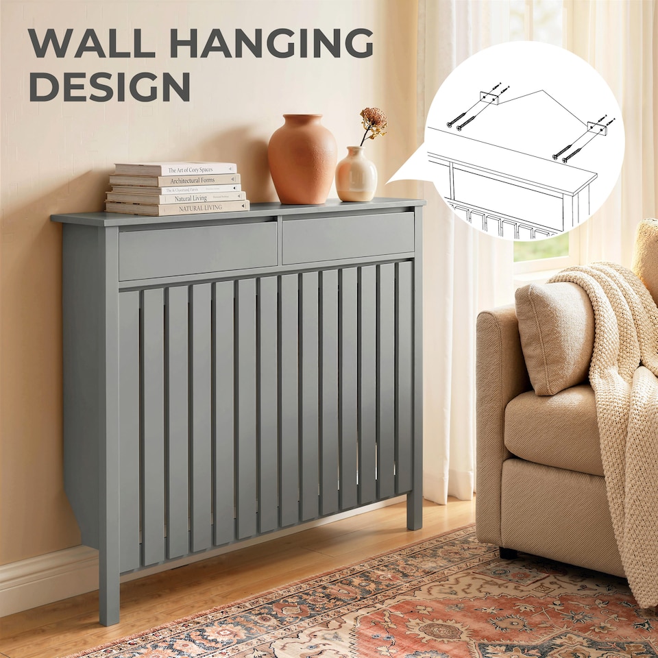 image 1 of HOMCOM Large Radiator Cover with Drawers and Vertical Slats 119 x 19 x 93 cm