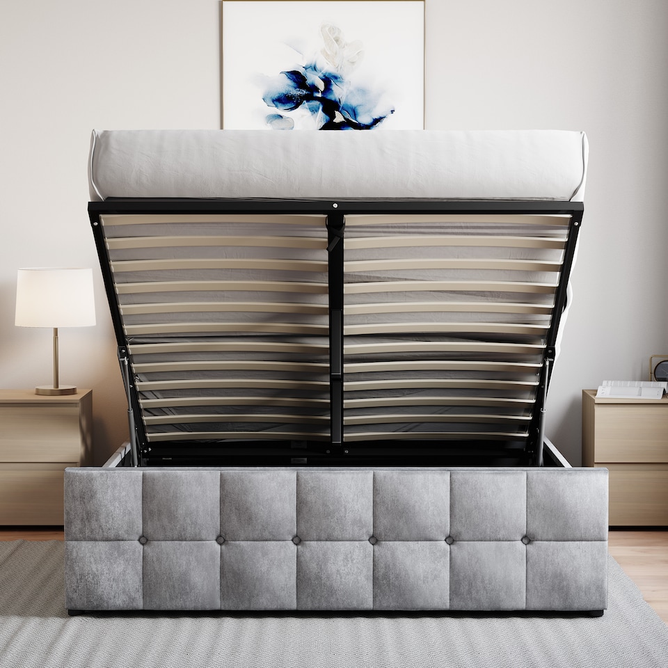 image 1 of Vida Designs Valentina 5ft King Size Ottoman Bed Storage Fabric Upholstered, Crushed Velvet Silver, 150 x 200cm