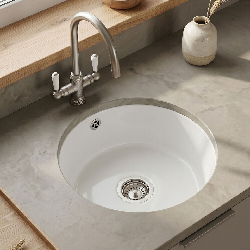 image 1 of Balterley Fireclay Single Bowl Round Undermount Kitchen Sink, Central Waste Position & Overflow | White | White | 1