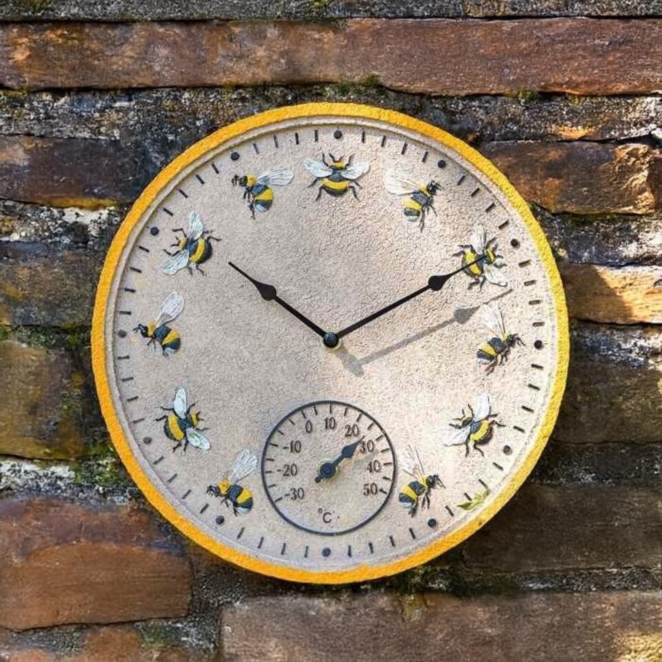 image 1 of Marco Paul 30cm Bee Outdoor Clock and Thermometer Yellow