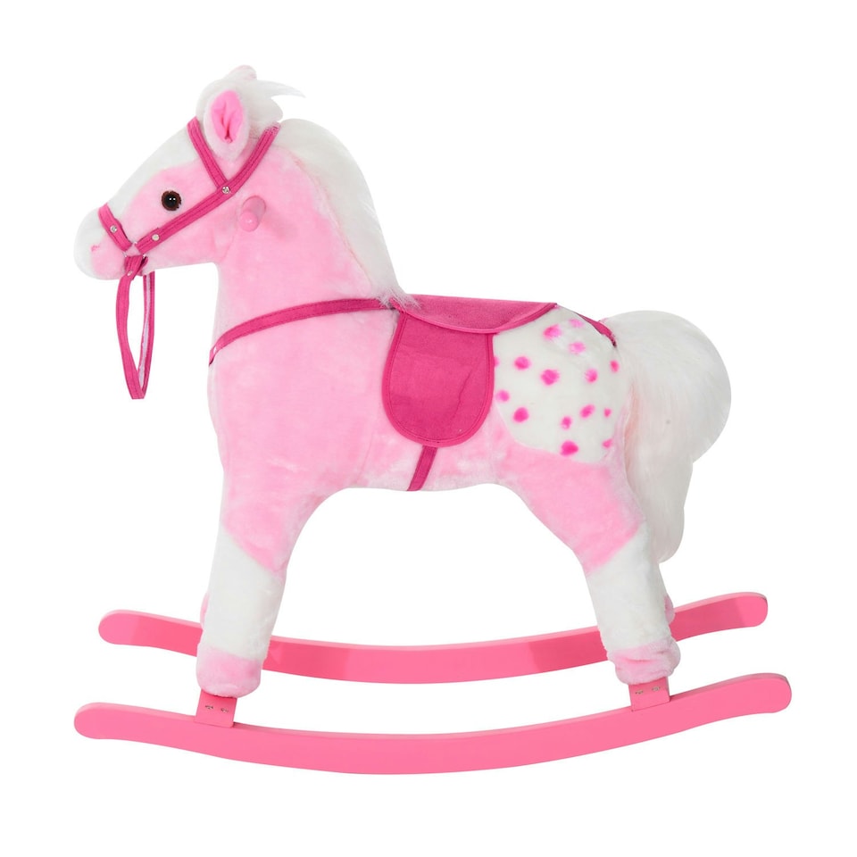image 1 of HOMCOM Rocking Horse Toy Plush Wood Pony Riding Rocker Neigh Sound Pink