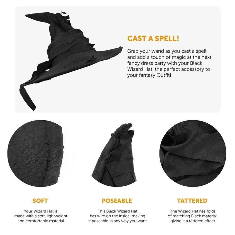 image 1 of Black Tatty Wizard Hat – Fancy Dress Accessory Black | One Size