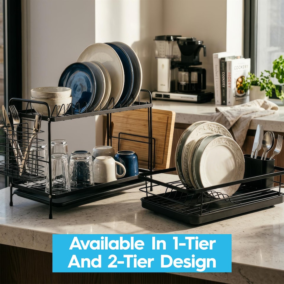 image 1 of Harbour Housewares Metal Kitchen Dish Drainer Rack 2-Tier Cutlery Holder Bowl Plate Drying Rack with Drip Tray
